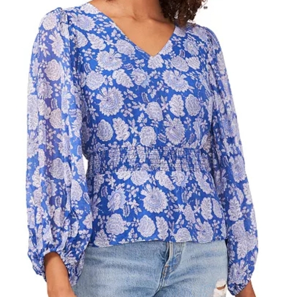 Vince Camuto Blue White Floral Pull Over Blouse Size M - Picture 1 of 9